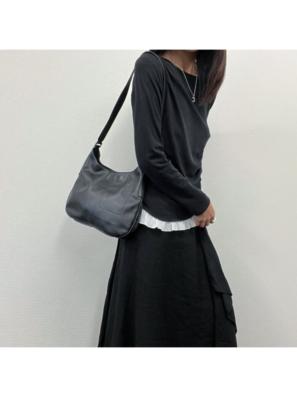 Prada Logo Embossed Hobo Shoulder Bag Leather Black Silver Vintage